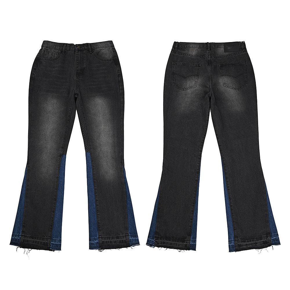 Men's Vintage Washed Distressed Flare Jeans – High Street Retro Denim With Raw Hem & Patchwork Details (Black, Dark Blue, S-Xl)_mkmklike.com