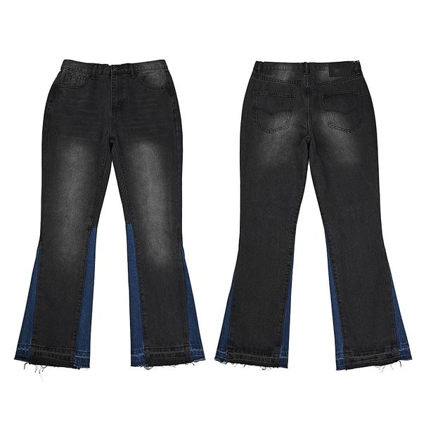 Men's Vintage Washed Distressed Flare Jeans – High Street Retro Denim With Raw Hem & Patchwork Details (Black, Dark Blue, S-Xl)_mkmklike.com