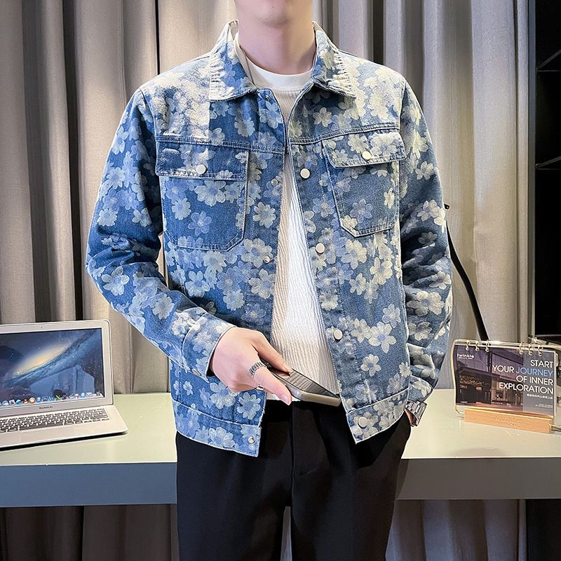 Handsome Young Man's Spring New Denim Personalized Jacquard Printed Pattern Washed Fashionable Men's Jacket_mkmklike.com