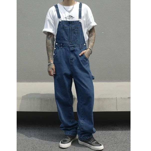 Men's Loose Fit Overalls Streetwear Long Pants Washed Denim Multiple Pockets_mkmklike.com