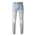 High Street Trendy Brand Ripped Retro Patch Jeans Men's Elastic Slim Fit Light Blue Jeans Men's Pants 6624_mkmklike.com