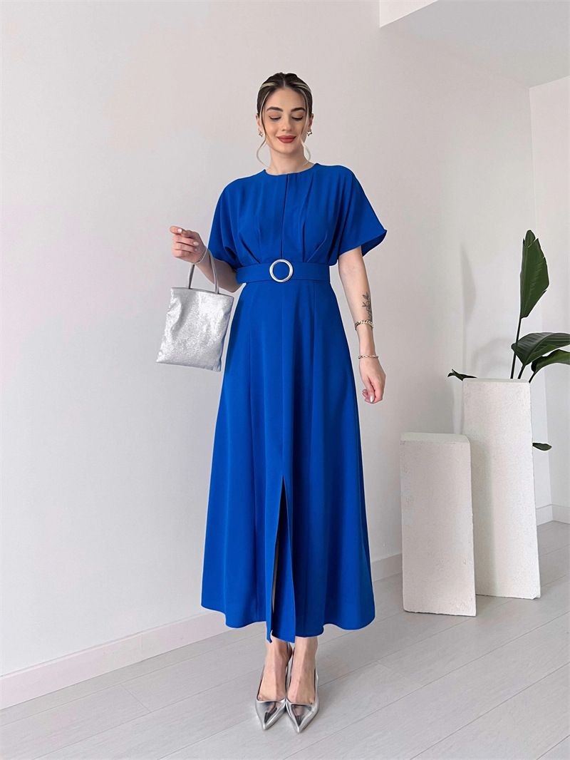 Women's Clothing new solid color fashion chest pleated belt dress long skirt_mkmklike.com