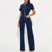 Loose Elastic Flared Washed Short Sleeved Denim Jumpsuit Jumpsuit Wide Leg Pants_mkmklike.com