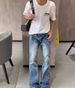 Lightning Wave Ice Blue Washed Denim Jeans For Men - Straight Leg With Subtle Flare, Heavyweight Distressed Vintage Style_mkmklike.com