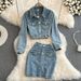 Women's Denim Jacket & High Waist Pencil Skirt Two-Piece Set - Slim Fit Short Cropped Blazer With Button Front & Bodycon Mini Skirt (Blue, S/M/L)_mkmklike.com