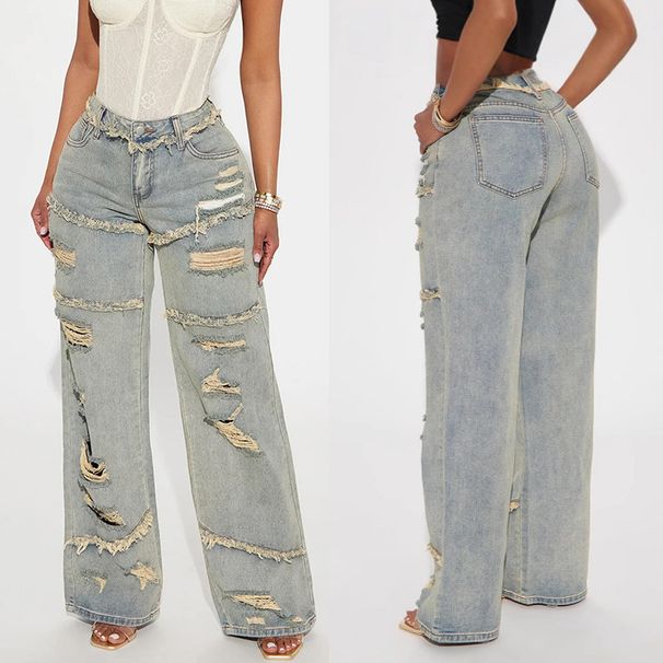 Women's Clothing Distressed Washed Wide-Leg Jeans For Women - High Waisted Vintage Denim Pants With Ripped Details (Khaki, S-XXL)_mkmklike.com