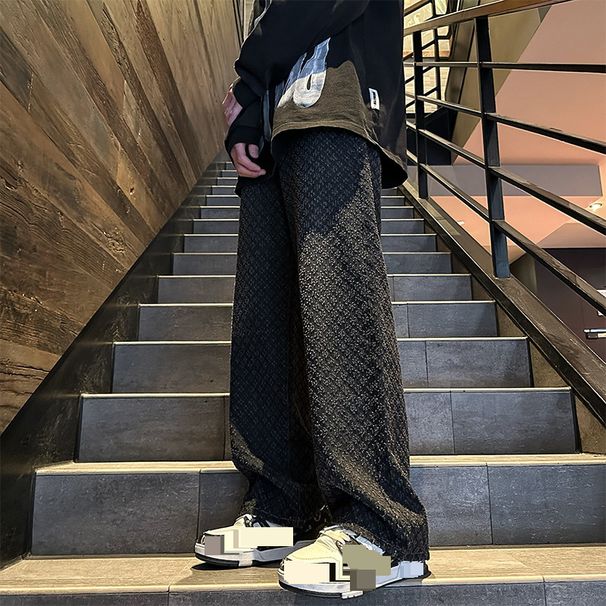 Hong Kong Style Men's Clothing 2024 New Summer Large Size American Jacquard Washed Jeans Men's Loose Straight Mopping Pants_mkmklike.com