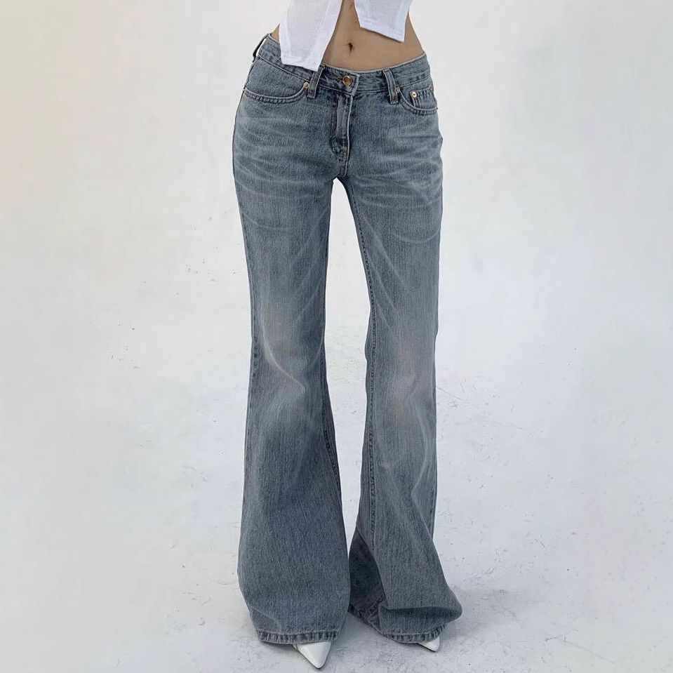 Women's Clothing Vintage High-Waisted Flared Jeans For Women - Stretch Denim Pants With Double Buttons, Slim Fit & Comfortable (Navy Blue)_mkmklike.com