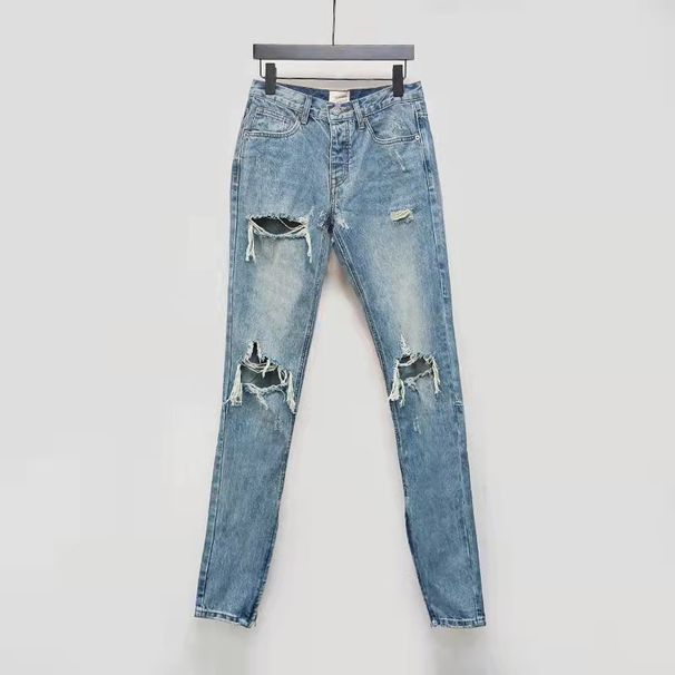 Men's Heavyweight Washed Distressed Ripped Jeans High Street Style Denim Black Midweight Straight Pants Machine Washable Size 19_mkmklike.com