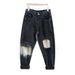 Men's Heavy Duty Distressed Washed Vintage Black Gradient Ripped Patch Jeans Straight Leg Loose Fit American Style_mkmklike.com