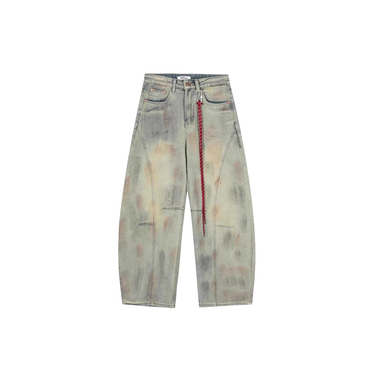 Vintage High-Waisted Distressed Jeans – Oversized Straight-Leg With Red Pendant & Contrast Stitching (S-XXXL)_mkmklike.com