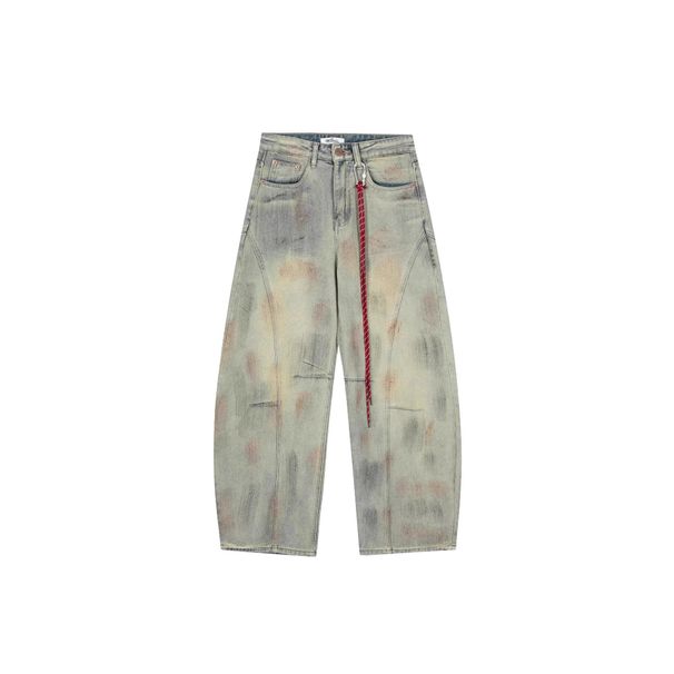 Vintage High-Waisted Distressed Jeans – Oversized Straight-Leg With Red Pendant & Contrast Stitching (S-XXXL)_mkmklike.com
