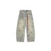 Vintage High-Waisted Distressed Jeans – Oversized Straight-Leg With Red Pendant & Contrast Stitching (S-XXXL)_mkmklike.com