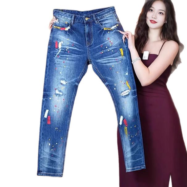 HME Men's Slim Straight Leg Jeans Ripped Print Casual Fashion High Street Trendy European American Cross Border Exclusive Supply_mkmklike.com