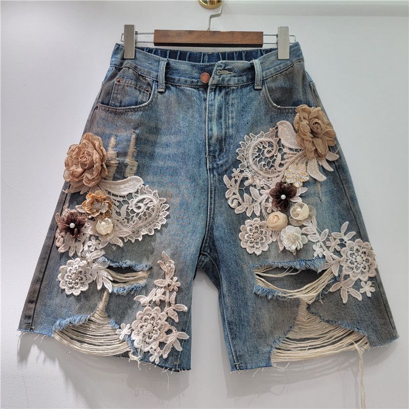2025 Summer New Niche Lace Flower Stitching Drawing Hole Rhinestone Back Elastic Waist Trendy Cool Denim Shorts_mkmklike.com