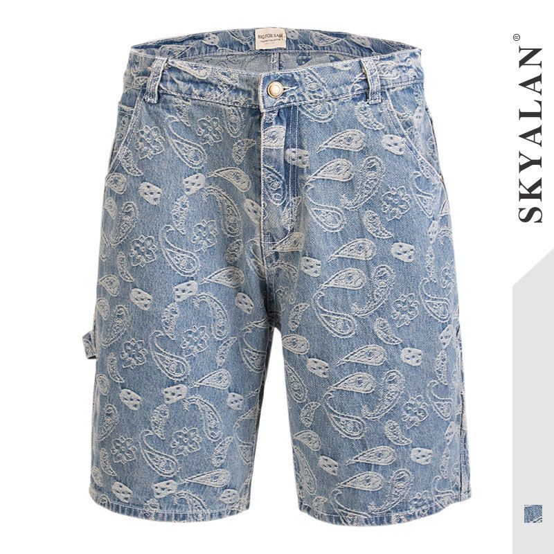 Suitable For All Seasons SKYALAN Men's Paisley Denim Shorts Unisex Summer High Street Fashion Brand Ins Internet Celebrity Hip Hop Pants_mkmklike.com