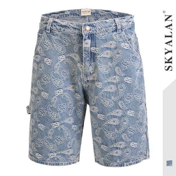 Suitable For All Seasons SKYALAN Men's Paisley Denim Shorts Unisex Summer High Street Fashion Brand Ins Internet Celebrity Hip Hop Pants_mkmklike.com