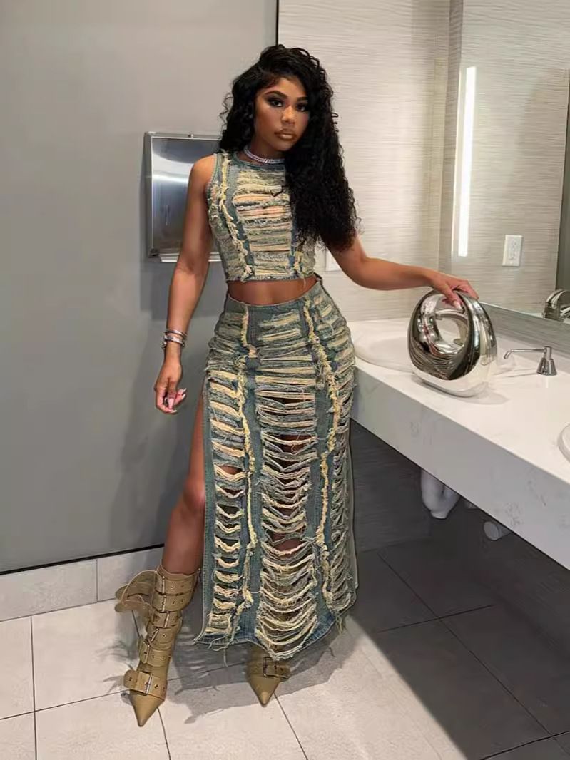 Women’s Clothing women's denim suits, cross border women's fashion, personalized hand worn vest, high slit denim skirt suit_mkmklike.com