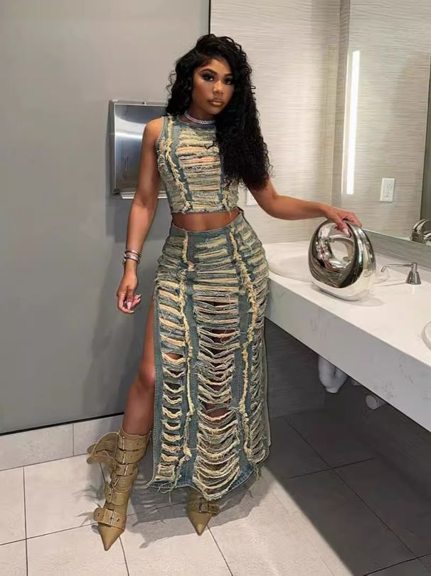 Women’s Clothing women's denim suits, cross border women's fashion, personalized hand worn vest, high slit denim skirt suit_mkmklike.com