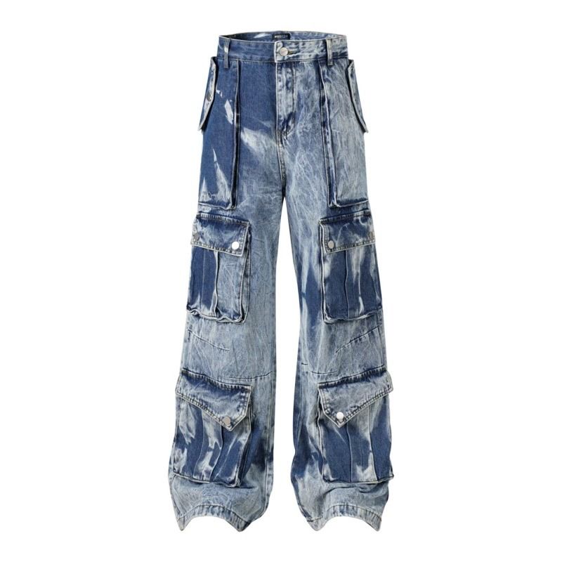 Men's Clothing Washed And Distressed Multi Pocket Design Straight Slim Loose Wide Leg Casual Retro High Street Personality Men's Jeans_mkmklike.com