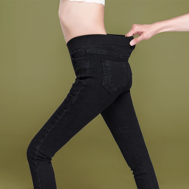 Women's Clothing High-Waisted Plus Size Slim Fit Jeans Fleece Lined Elastic Waist Korean Style Pencil Pants For Autumn_mkmklike.com