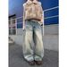 Retro Washed Distressed Jeans Wide Leg Floor Length Patchwork Webbing Curved Blade Design Men's And Women's Denim Pants_mkmklike.com
