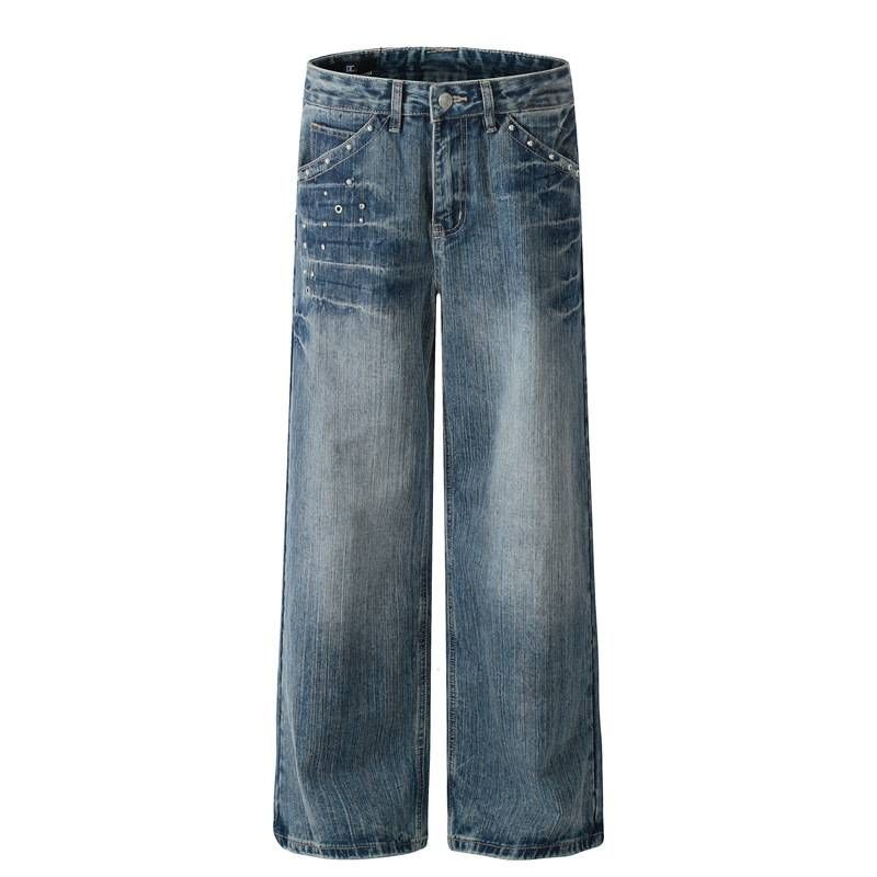 Men's Clothing Niche Rivet Bamboo Washed Men's Jeans Casual Distressed Street Straight Pants_mkmklike.com