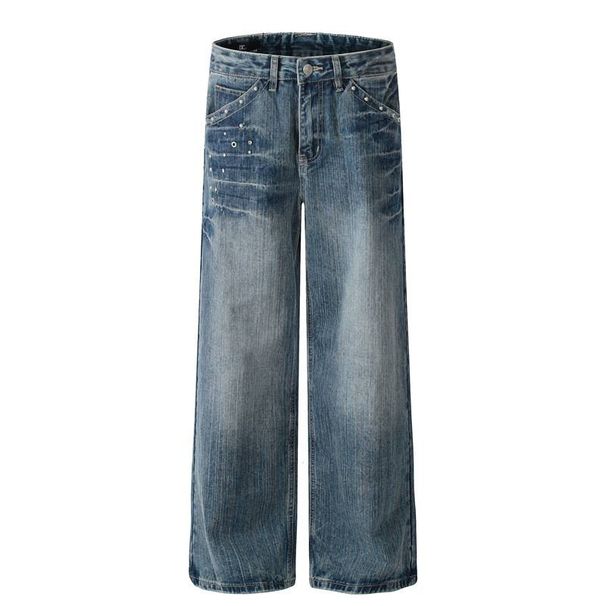Men's Clothing Niche Rivet Bamboo Washed Men's Jeans Casual Distressed Street Straight Pants_mkmklike.com