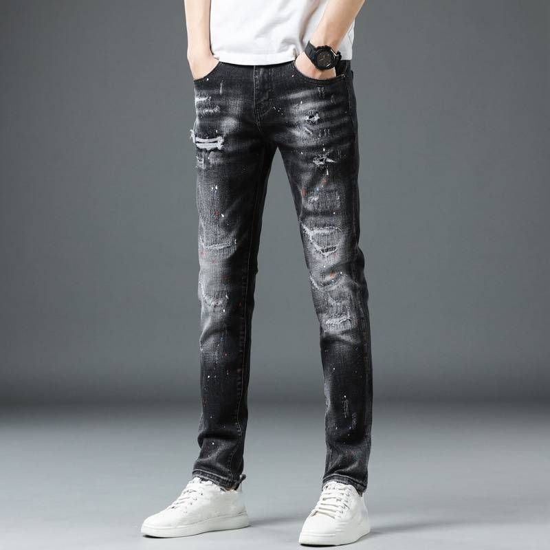 Men's Slim Fit Stretch Jeans With Distressed Details - Black & Gray Washed Denim Pants For Casual Wear_mkmklike.com