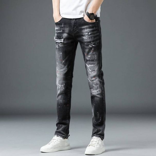 Men's Slim Fit Stretch Jeans With Distressed Details - Black & Gray Washed Denim Pants For Casual Wear_mkmklike.com