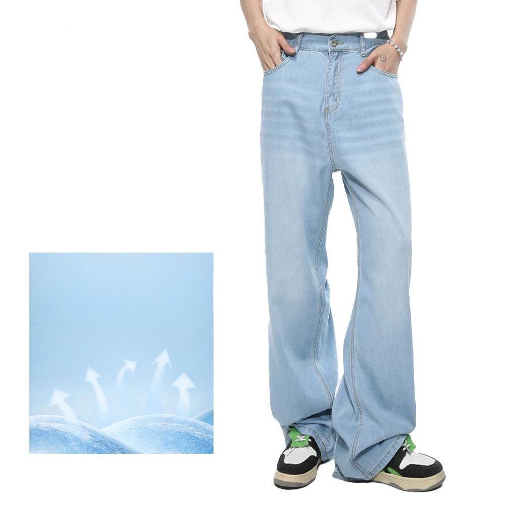 Men's Clothing Korean Retro Washed Distressed Slim Fit High Waist Jeans For Women - Vintage Light Blue Denim Pants With Flowy Drape_mkmklike.com