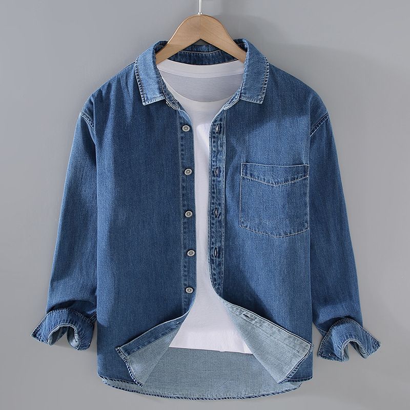 Blue Denim Shirt Men's Retro Washed Product Long Sleeved Shirt Loose Casual Jacket Men's Top_mkmklike.com