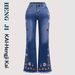Cross-border, Vintage Dark Blue, Embroidered Jeans Women, Mid-high Waist, Extended Length, Floor-length Flared Pants For_mkmklike.com