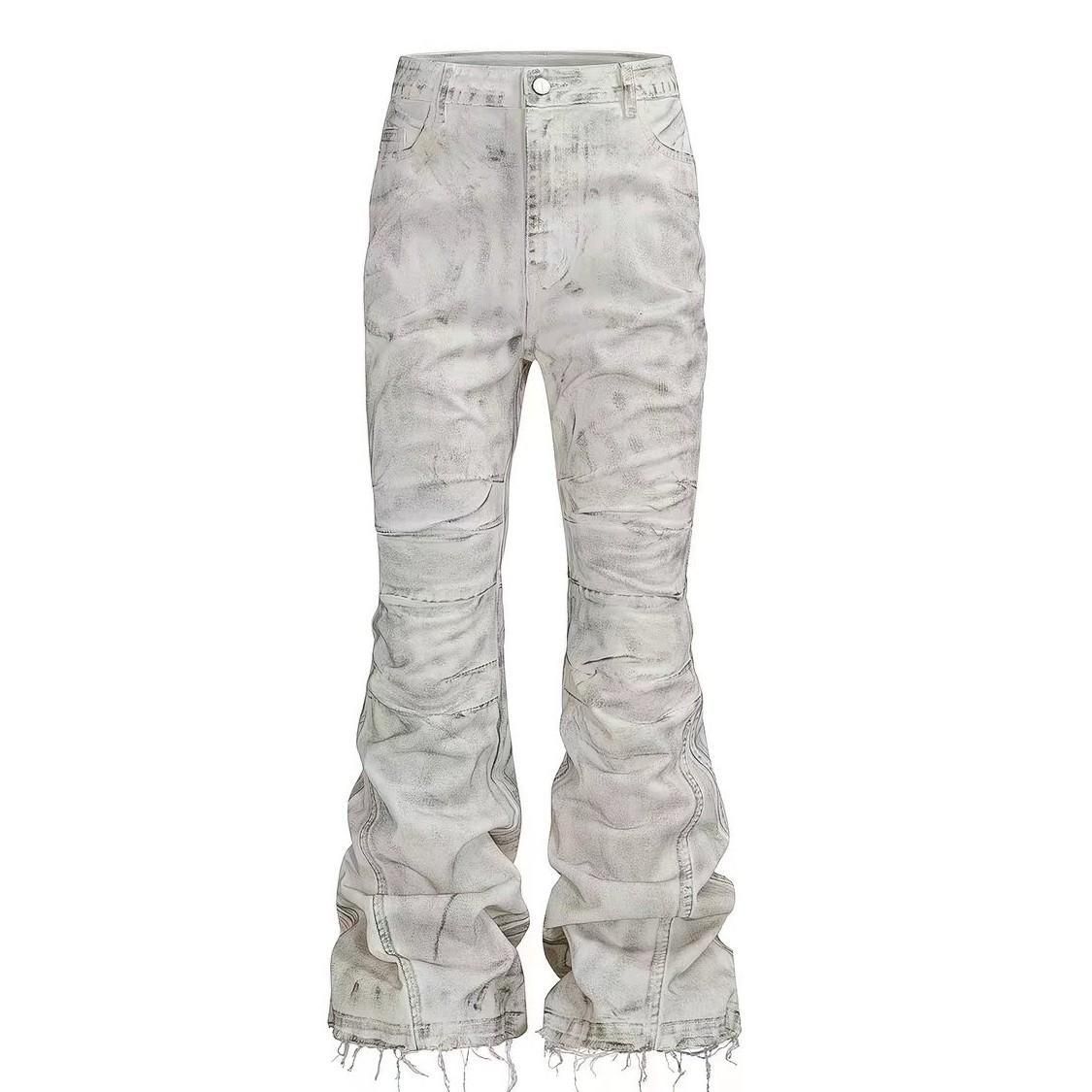 Unisex Distressed White Flared Jeans High Street Style Loose Fit Slimming Straight Leg Floor Length_mkmklike.com