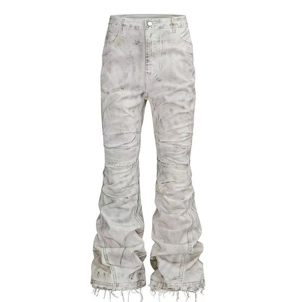 Unisex Distressed White Flared Jeans High Street Style Loose Fit Slimming Straight Leg Floor Length_mkmklike.com