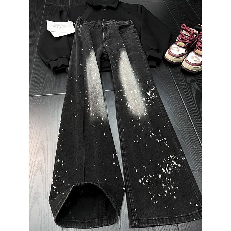Men's Clothing Cleanfit Black Splatter Wash Flared Jeans High Street Vibe Straight Leg Pants_mkmklike.com