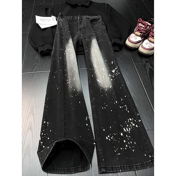 Men's Clothing Cleanfit Black Splatter Wash Flared Jeans High Street Vibe Straight Leg Pants_mkmklike.com