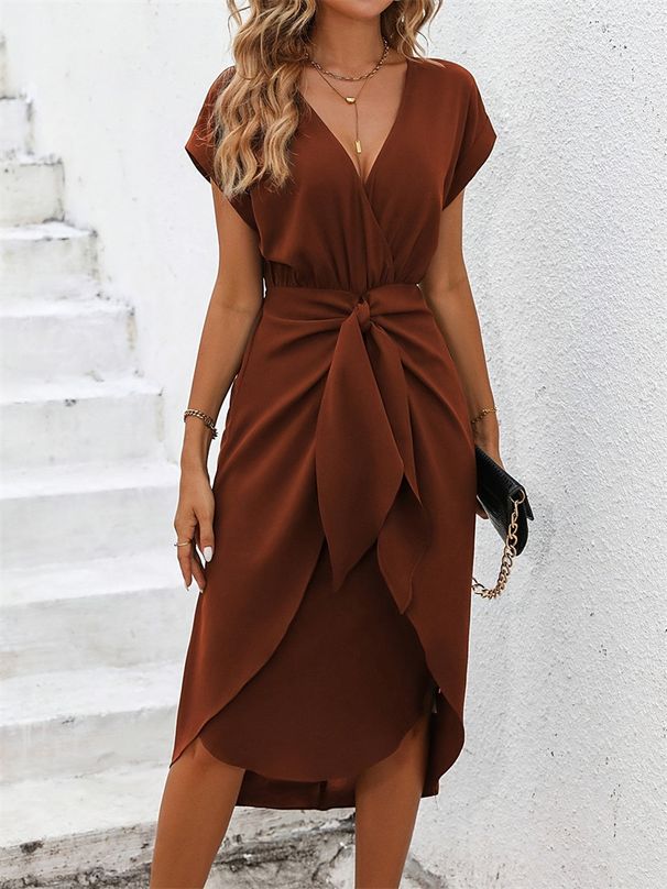 Women's Clothing solid color slit wrap-around short skirt short sleeve loose knot dress _mkmklike.com