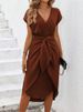 Women's Clothing solid color slit wrap-around short skirt short sleeve loose knot dress _mkmklike.com