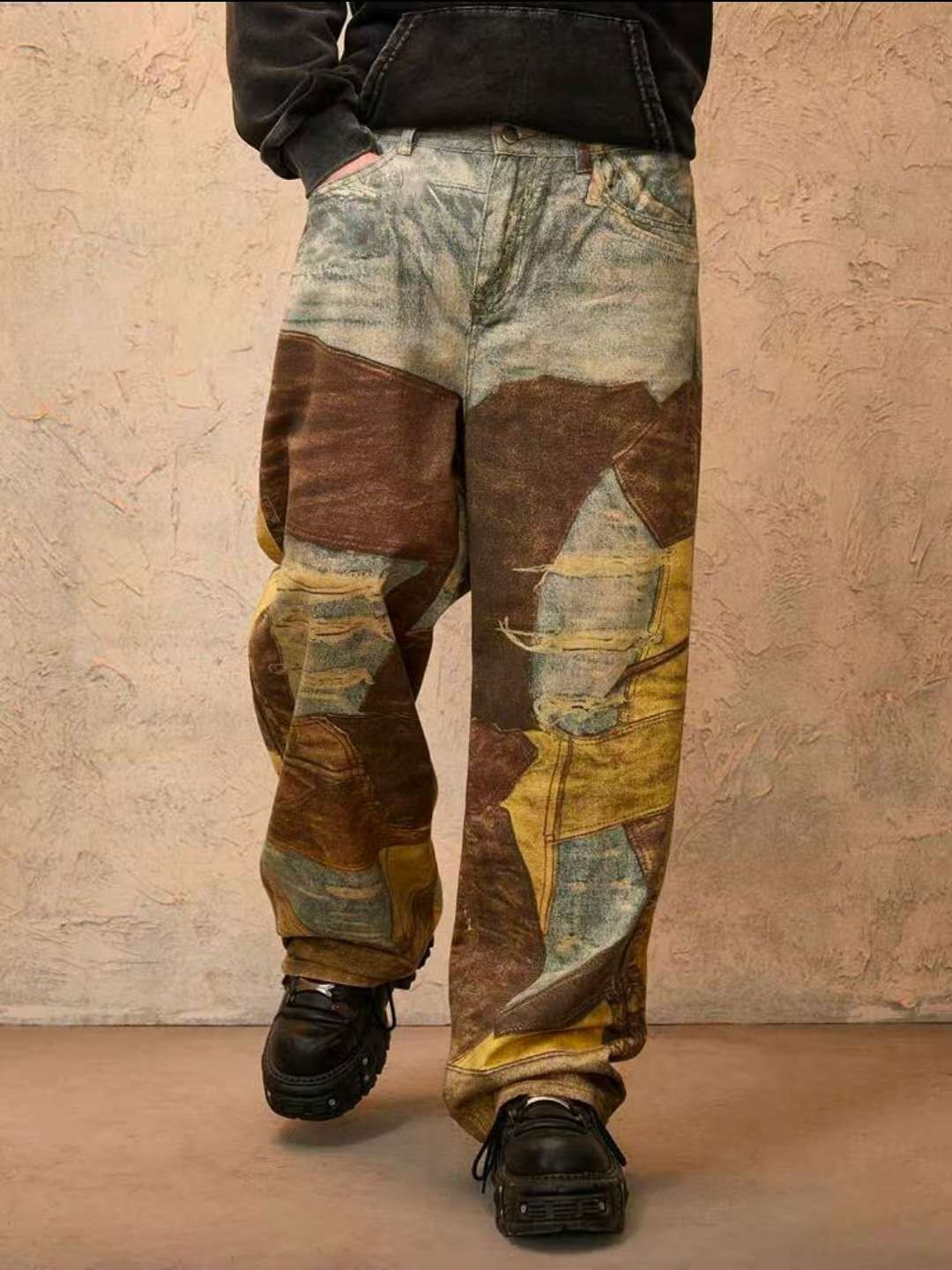 Men's Clothing Men's High Street Style 3D Digital Print Straight Leg Jeans Distressed Patchwork Wide Leg Loose Fit Mud Dyed Pants_mkmklike.com