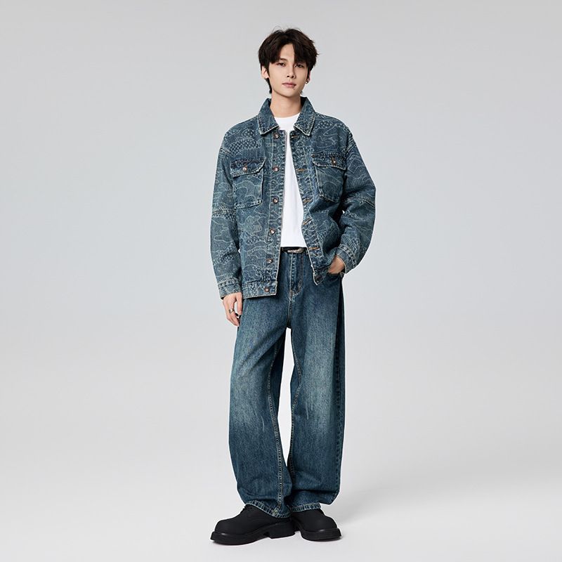 2024 In Stock Autumn New Vintage Full Print Washed Men's Denim Jacket Loose Trendy Fashion Top For Men_mkmklike.com