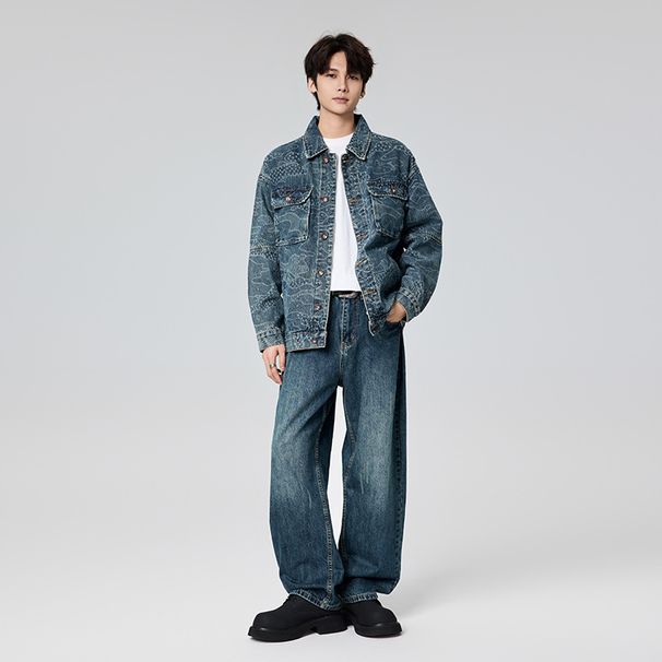 2024 In Stock Autumn New Vintage Full Print Washed Men's Denim Jacket Loose Trendy Fashion Top For Men_mkmklike.com