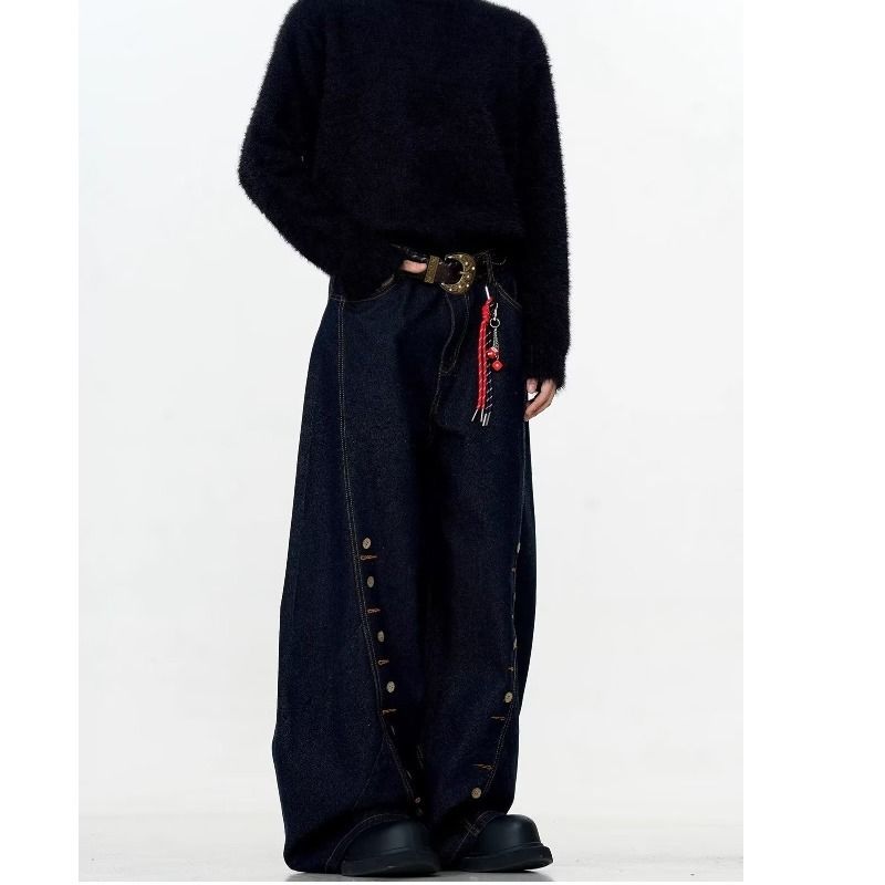 Plus Size Vintage Washed Black Jeans – Wide-Leg Button Fly Denim Pants For Women, Oversized & Relaxed Fit_mkmklike.com