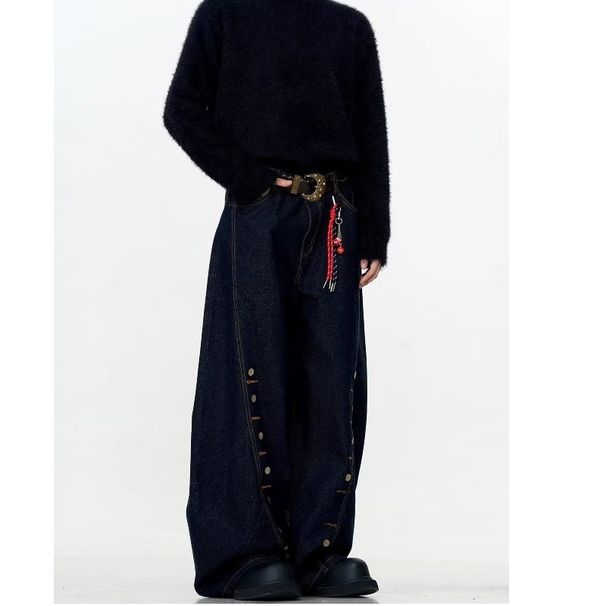 Plus Size Vintage Washed Black Jeans – Wide-Leg Button Fly Denim Pants For Women, Oversized & Relaxed Fit_mkmklike.com