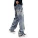 Men's Clothing Unisex Retro Deconstructed Design Jeans Loose Fitting Pleated Wide Leg Trendy Floor Length Trousers_mkmklike.com