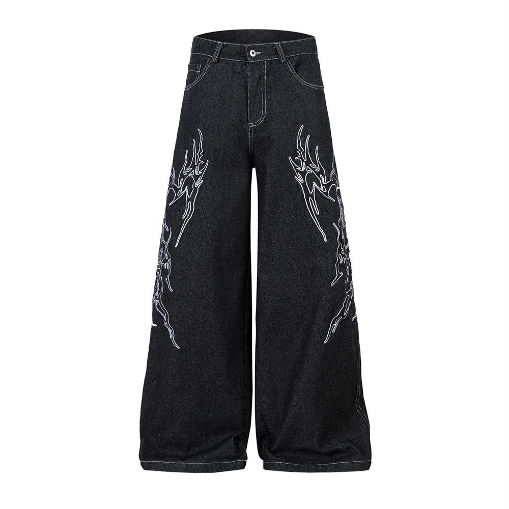 High Street Design Thorn Embroidery Loose Wide-Leg Denim Men's Hip-Hop Trend Niche Big Flare Floor-Length Pants_mkmklike.com