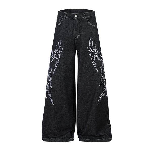 High Street Design Thorn Embroidery Loose Wide-Leg Denim Men's Hip-Hop Trend Niche Big Flare Floor-Length Pants_mkmklike.com