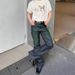 Unisex High-Waist Flared Jeans, Raw Deep Blue With Neon Green Zigzag Embroidery, Y2K Summer Streetwear_mkmklike.com