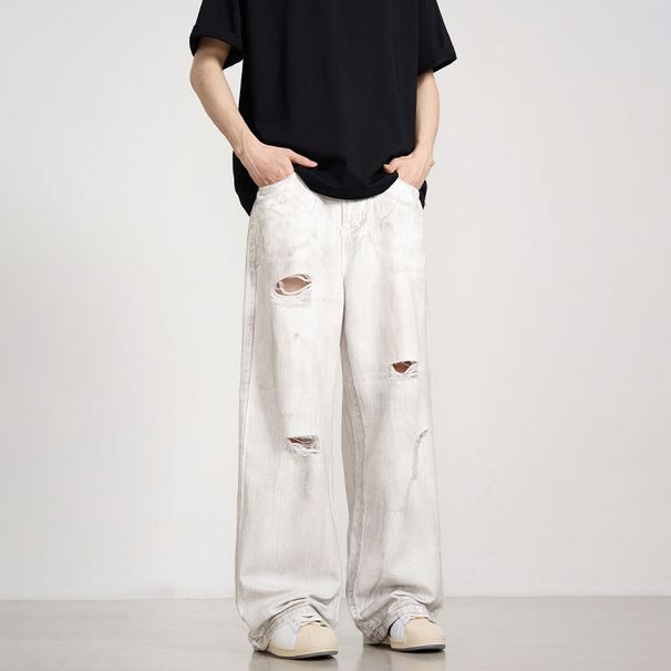 "Vintage Washed Distressed Denim Jeans For Men & Women Retro Loose Straight Fit High Waisted Wide Leg Trousers With Ripped Details"_mkmklike.com