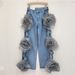 Floral Cutout High-Waisted Wide-Leg Pants - Trendy Pink Distressed Denim Palazzo Pants_mkmklike.com
